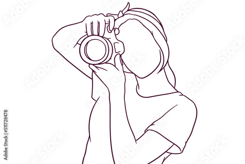 young beautiful girl taking picture with her camera. photography concept. hand drawn style vector illustration