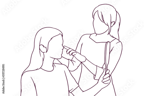 Female doctor checking skin of girl. beauty cosmetics and facial treatment concept. hand drawn style vector illustration