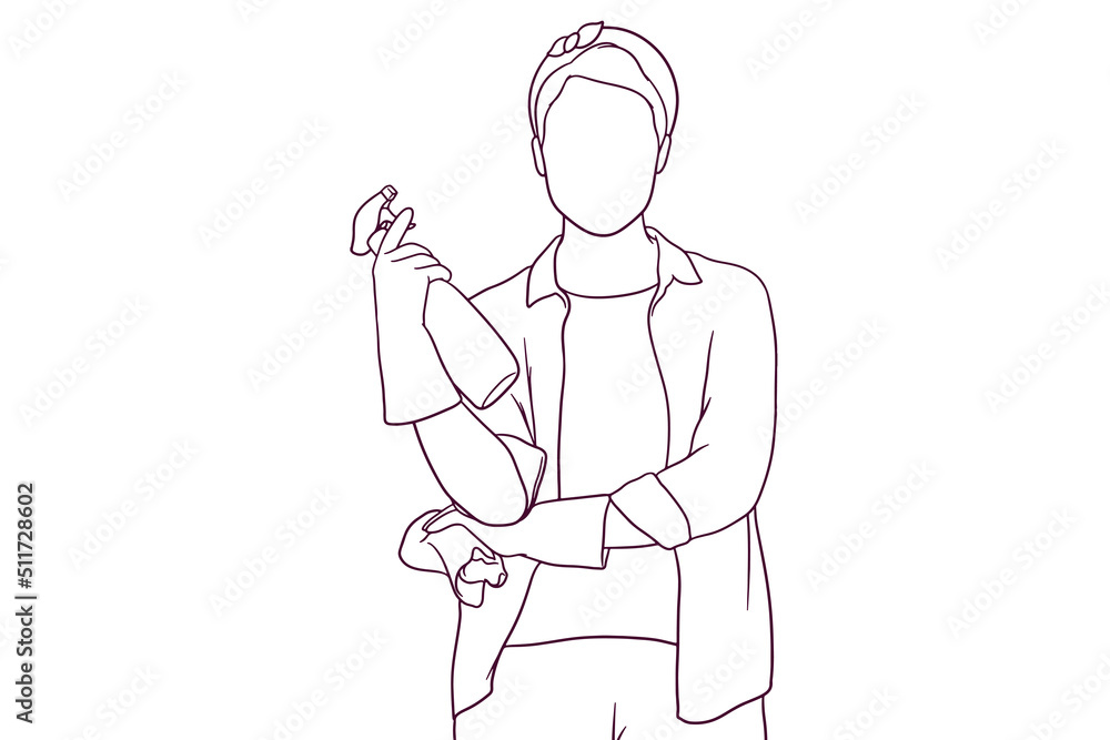 Housewife standing while hold a towel and bottle spray. house cleaning concept. hand drawn style vector illustration Housewife standing while hold a towel and bottle spray. house cleaning concept. hand drawn style vector illustration