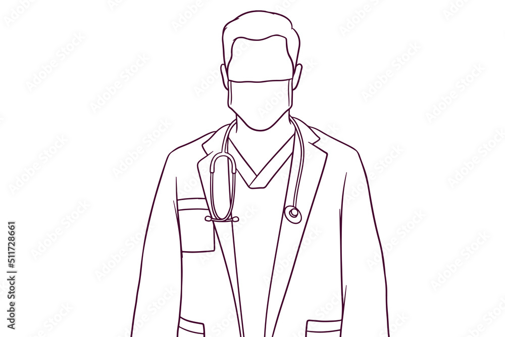 male doctor standing with facial mask and a stethoscope. medical concept. hand drawn style vector illustration