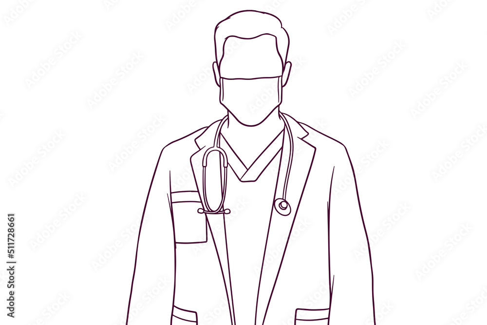 male doctor standing with facial mask and a stethoscope. medical concept. hand drawn style vector illustration male doctor standing with facial mask and a stethoscope. medical concept. hand drawn style vector illustration