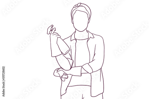 Housewife standing while hold a towel and bottle spray. house cleaning concept. hand drawn style vector illustration