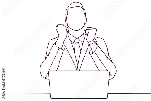 businessman in suit showing happy reaction while using a laptop. business concept. hand drawn style vector illustration