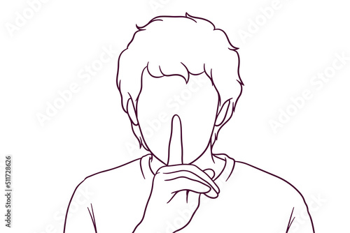 young man showing silent gesture. privacy concept. hand drawn style vector illustration