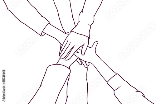 young people putting their hands together. stack of hands. friendship concept. hand drawn style vector illustration