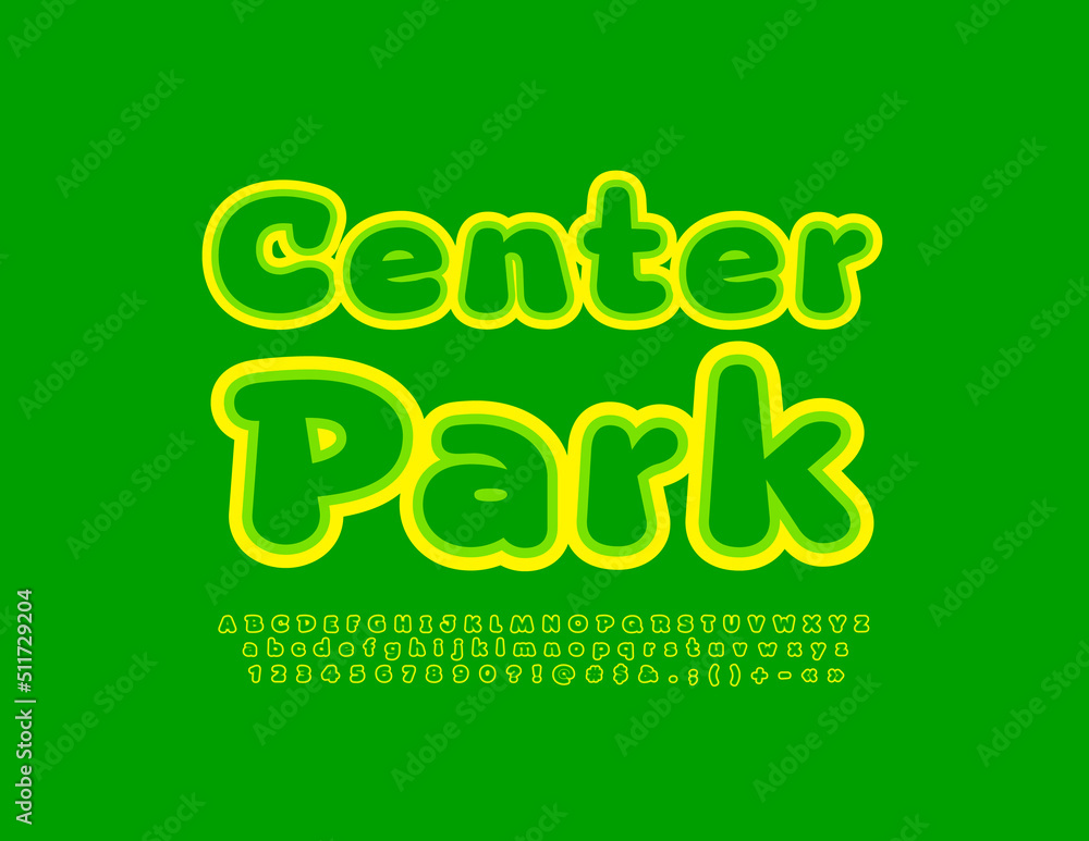 Vector creative emblem Center Park. Bright set of Alphabet Letters, Numbers and Symbols. Green and Yellow modern Font. Vector creative emblem Center Park. Bright set of Alphabet Letters, Numbers and Symbols. Green and Yellow modern Font.