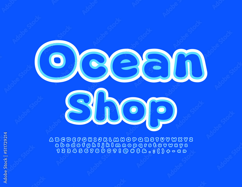 Vector creative Banner Ocean Shop with Blue Font. Modern Alphabet Letters and Numbers.