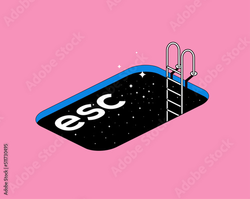 Escape conceptual metaphor illustration with escape computer button in the form of a pool with stairs and starry night texture. Vector illustration photo