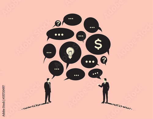 Business discussion investment ideas concept illustration with two businessmen silhouettes and message bubbles. Vector illustration