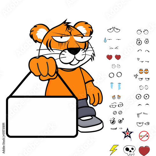 standing young tiger kid wearing tennis and jeans cartoon, expressions pack in vector format