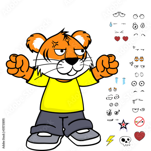 standing young tiger kid wearing tennis and jeans cartoon, expressions pack in vector format