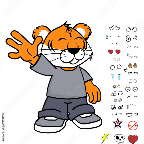 happy standing young tiger kid wearing tennis and jeans cartoon, expressions pack in vector format