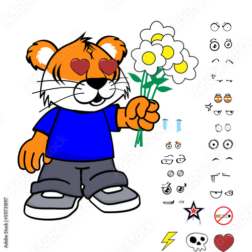 standing young tiger kid wearing tennis and jeans cartoon, expressions pack in vector format