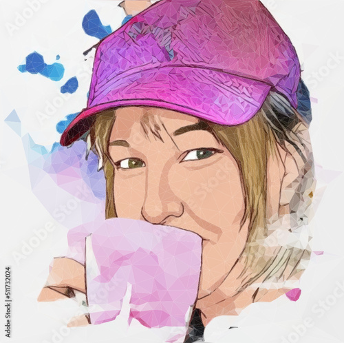 Frau mit Tasse Kaffee. Vektorgrafik im Low Poly Stile gemischt mit Aquarell Effekten. 
