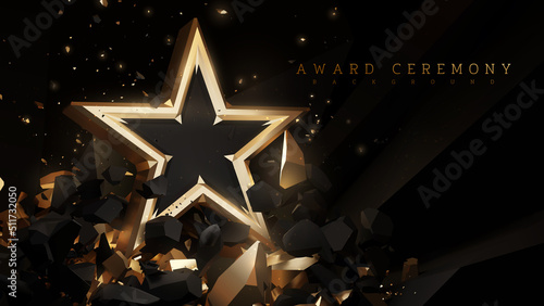 Award ceremony background with 3d gold star element and stone decoration with glitter light effect.