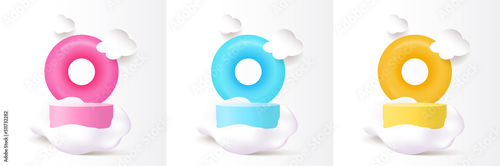 Set of pink, blue, yellow, and realistic 3D cylinder stand or podium with colorful circles scene. Abstract minimal scene for products showcase, Stage promotion display. Vector geometric forms. Set of pink, blue, yellow, and realistic 3D cylinder stand or podium with colorful circles scene. Abstract minimal scene for products showcase, Stage promotion display. Vector geometric forms.