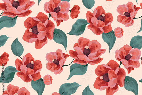 Seamless floral pattern with delicate blossom flowers, leaves on a light pink background. Feminine botanical print with large pink flowers and leaves. Watercolor imitation, vector illustration.