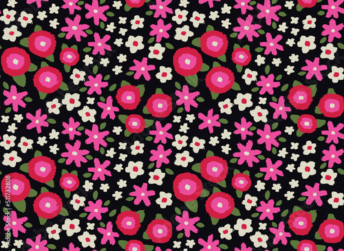 Seamless floral pattern  cute ditsy print in retro style. Pretty botanical background with small textured plants  hand drawn pink flowers  leaves on a black field. Vector illustration.