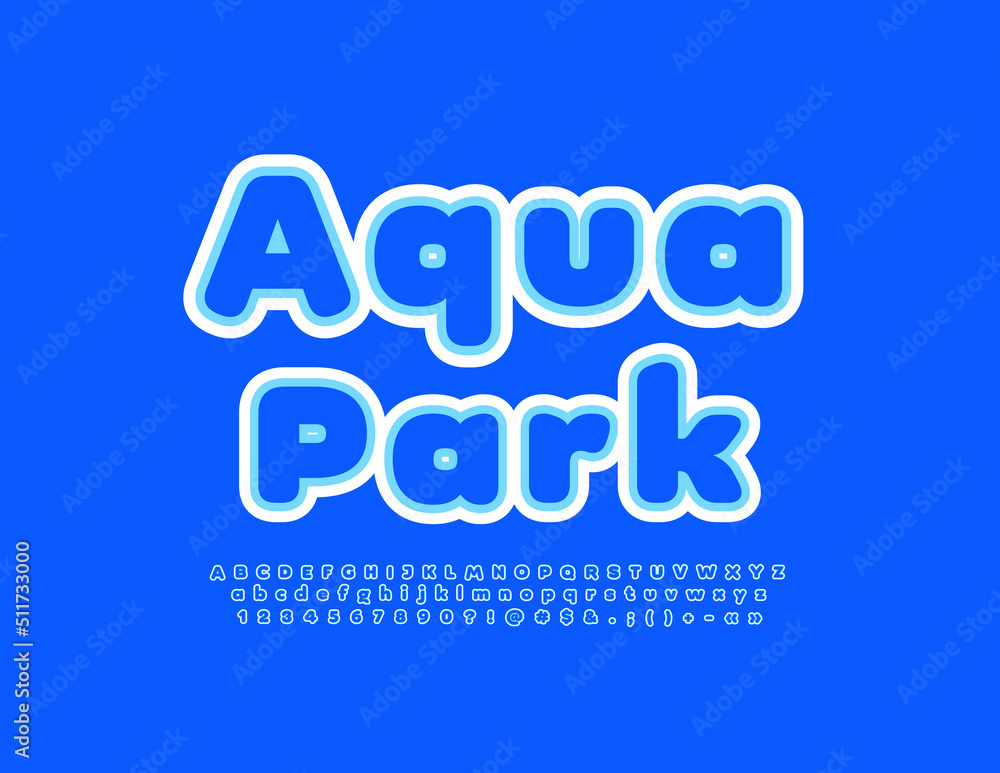 Vector bright emblem Water Park. Cute Kids Font. Modern creative Alphabet Letters Vector bright emblem Water Park. Cute Kids Font. Modern creative Alphabet Letters