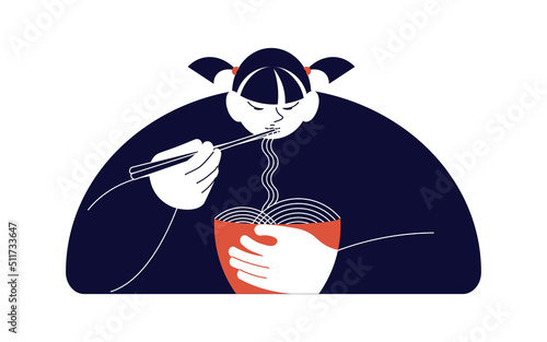Young woman is eating noodles isolated on white