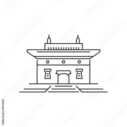 Asian palace linear isolated illustration. Ashram or House of God  icon on white background.  Religion building line art design. Travel tourism destination