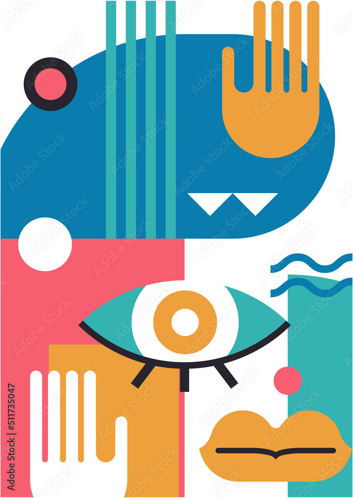 Obraz premium Abstract pop art collage surrealism face design vector illustration. Designed for NFT, token, wallpaper, poster, crypto, punk, aesthetic poster. NFT token in crypto artwork for blockchain digital art