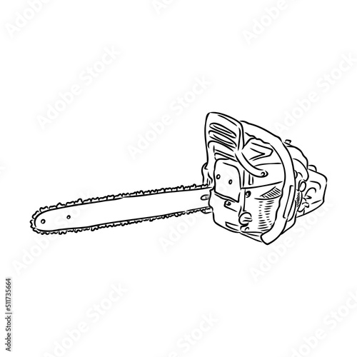 Doodle illustration of a chainsaw. Gardening power tools. The cutting of trees. Building tool.