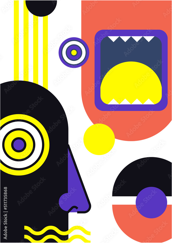Fototapeta premium Abstract pop art collage surrealism face design vector illustration. Designed for NFT, token, wallpaper, poster, crypto, punk, aesthetic poster. NFT token in crypto artwork for blockchain digital art