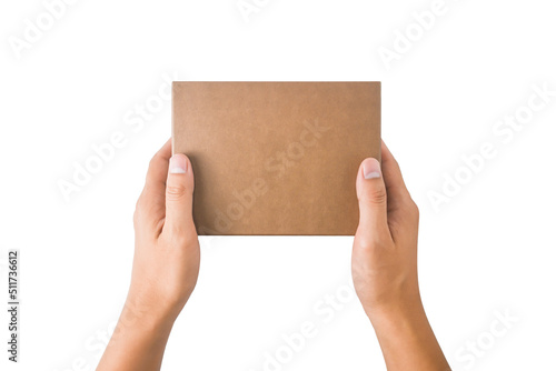Man two hand holding box delivery isolated on white background.[Clipping path]. © Sinchai