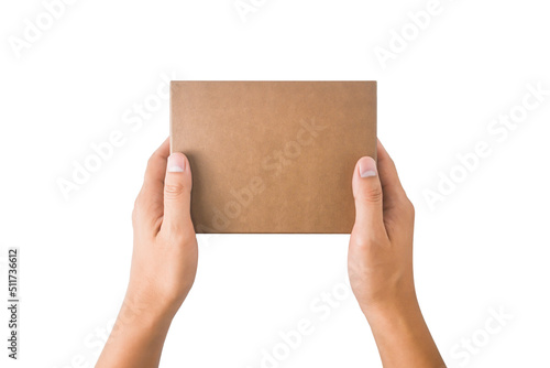Man two hand holding box delivery isolated on white background.[Clipping path].