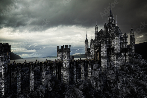 Dark fantasy medieval castle in rocky landscape by a lake with moody grey clouds. 3D rendering.