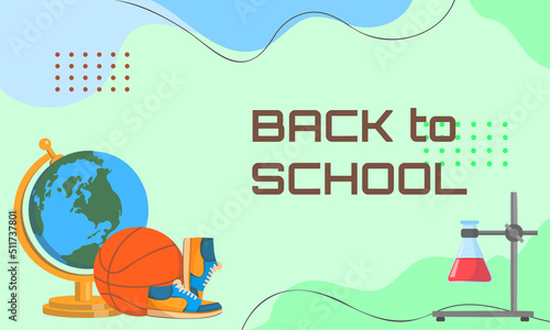Horizontal banner "Welcome to school", back to school. Bright banner with globe, chemistry flask and basketball, vector illustration.
