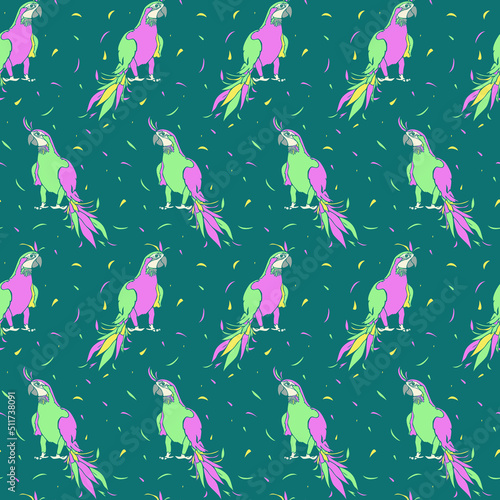 Vector seamless pattern with parrots. Design with ara with colorful feathers.