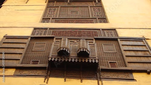 wooden oriel windows, Mashrabiya, ancient antique house Cairo, Egypt photo