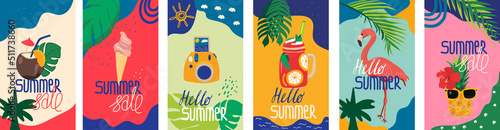 set of modern summer sale story template designs with coconut, flamingo, pineapple, ice cream and camera, cocktail. Background collection for posters, cover art, flyer, banner.