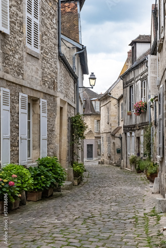 Senlis  medieval city in France  typical cobblestone street with ancient houses 