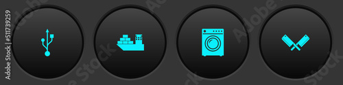 Fotografiet Set USB, Cargo ship, Washer and Crossed meat chopper icon. Vector