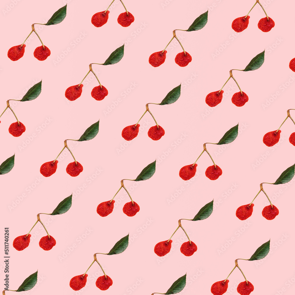 Cherries, creative pattern on pastel pink background. Cherries, creative pattern on pastel pink background.