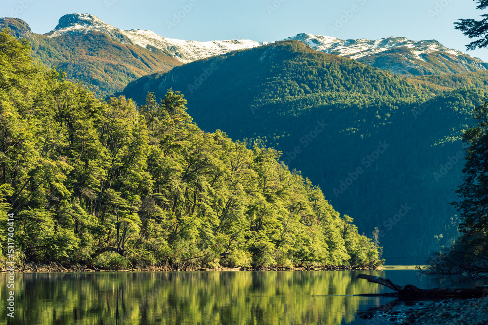 Rio de los Arrayanes with the Andes mountain range in the background
