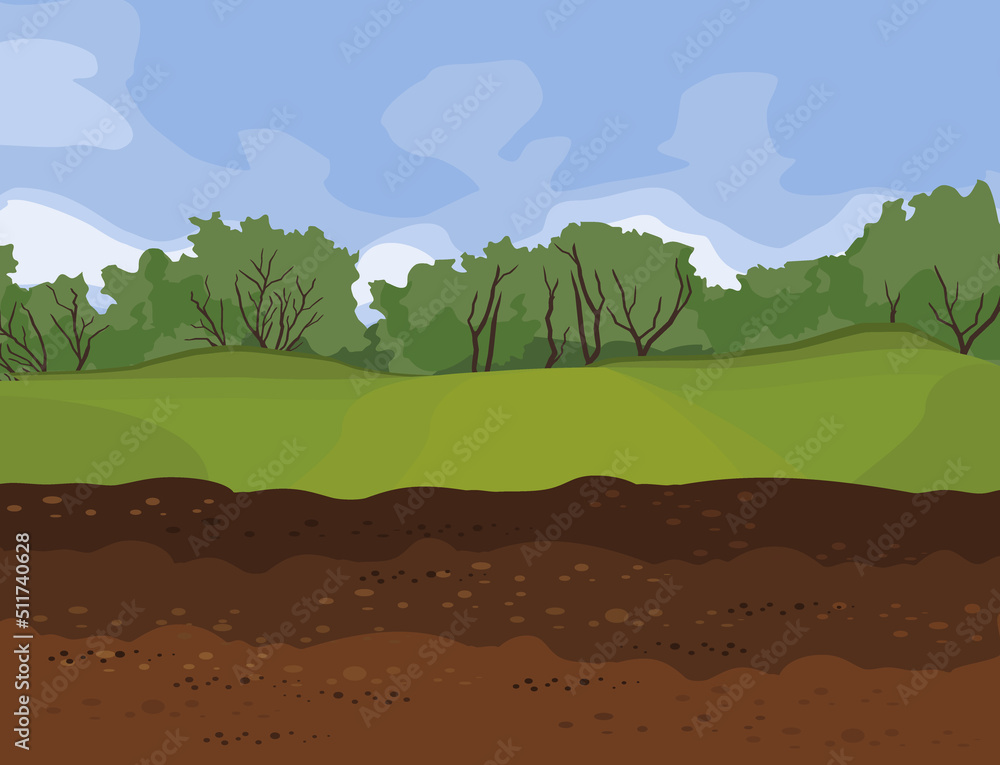 Obraz premium Abstract summer landscape with green forest on horizon, blue sky and brown soil