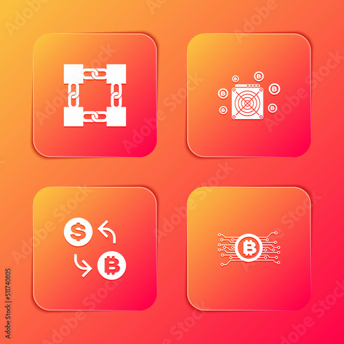 Set Blockchain technology, ASIC Miner, Cryptocurrency exchange and bitcoin circuit icon. Vector