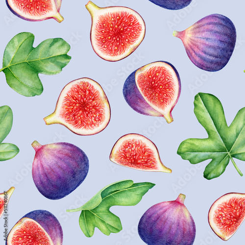 Watercolor fruit seamless pattern with figs and green leaves