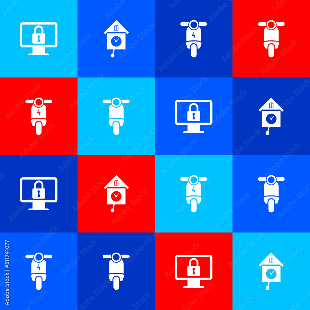 Set Lock on monitor, Retro wall watch, Electric scooter and Scooter icon. Vector Set Lock on monitor, Retro wall watch, Electric scooter and Scooter icon. Vector
