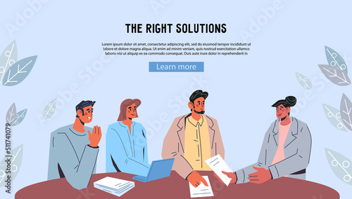 Website banner with business negotiation or brainstorming team of company conferring at the table. Business meetings and negotiations concept for webpage  flat vector illustration.