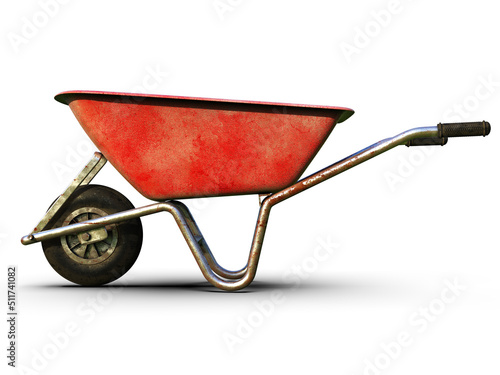 Fotografia, Obraz Old Dirty Garden Metal Wheelbarrow Cart Isolated on White