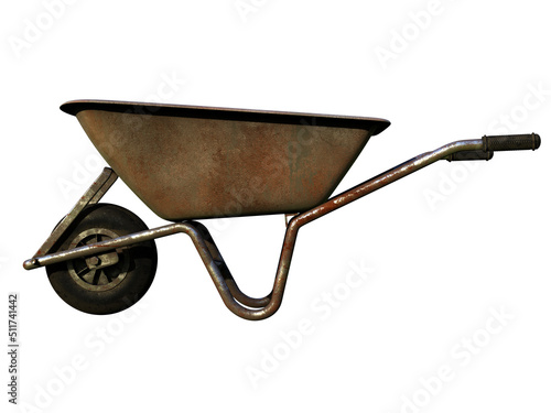 Fototapeta Old Dirty Garden Metal Wheelbarrow Cart Isolated on White