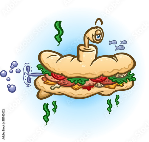 A submarine sandwich cartoon character floating under the ocean with a periscope and driving propeller