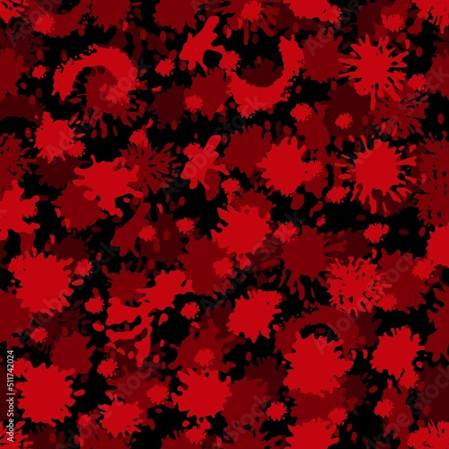 Seamless blood pattern. Black and red horror spatter. Ink drops. Maroon bloodstain and splat. Halloween print. Paint drips. Abstract splashes or blotches. Vector illustration background
