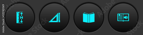 Set Measuring height and length, Triangular ruler, Open book and Audio icon. Vector
