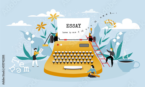 Literature book story. Authors write essay on typewriter. Poetry or text words. Romance novel. Old style imagination. Fantasy reading person. Novelist workplace. Vector illustration